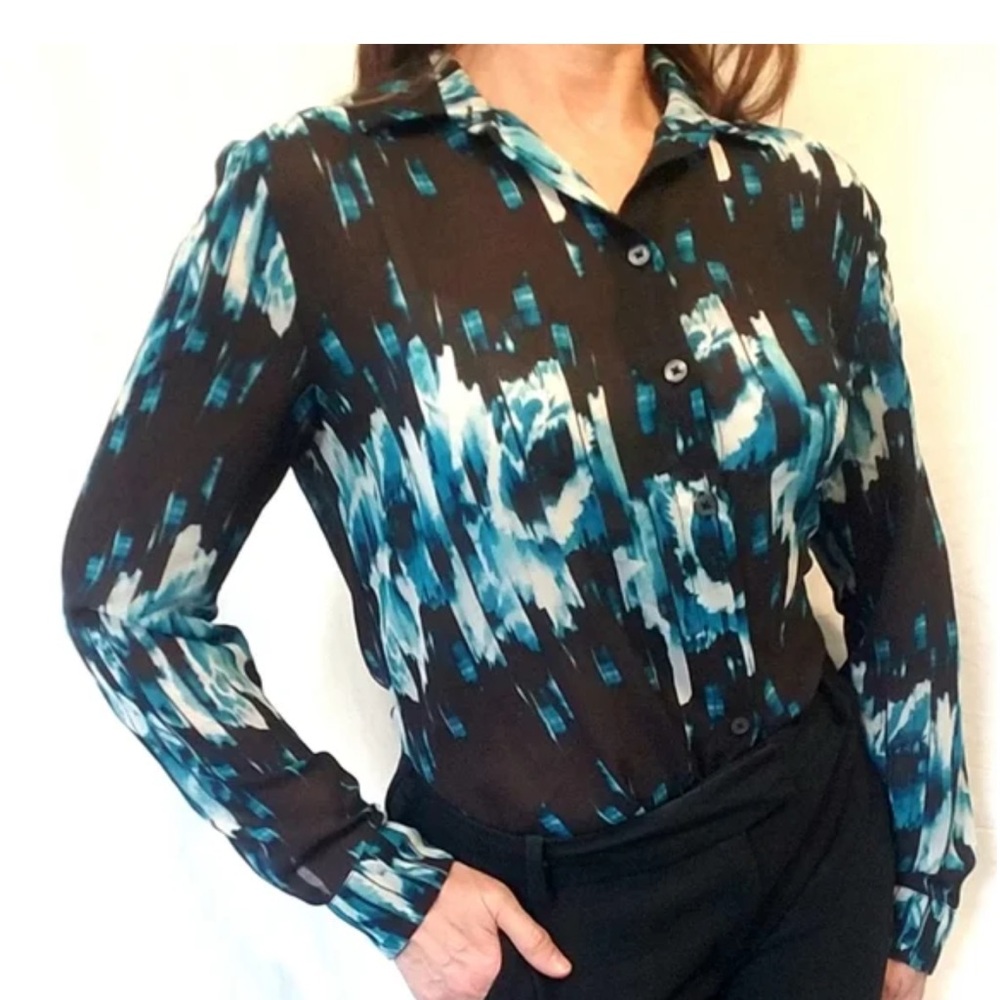 Derek Lam For Design Nation Button Front Blouse Medium Abstract Long Sleeve NWT